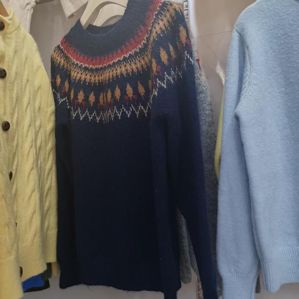 Темно-синий свитер из мохера с жаккардовым узором в стиле Fair Isle для женщин - Осень/Зима Корейский стиль Рождественская атмосфера Свободный крой