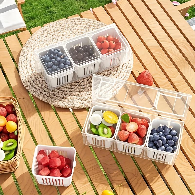 3 Compartment Food Storage Container With Lid Transparent Square Blue Drain Box For Fridge Salad Fruit Veg Condiments Reusable