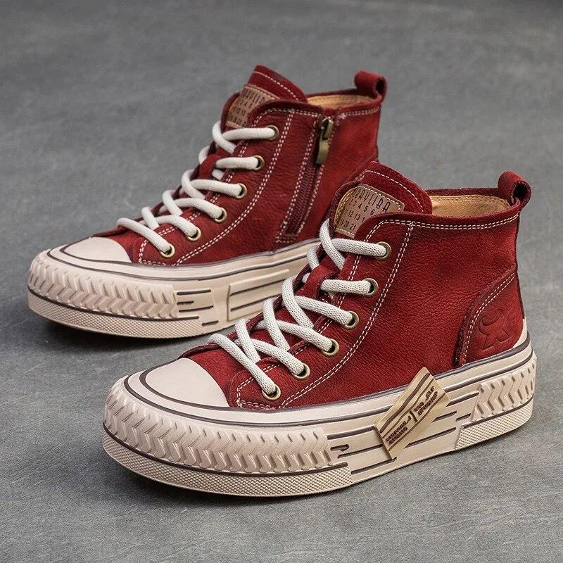 Johnature Spring Genuine Leather Women Flat Shoes Lace-up Handmade Leisure Comfortable Thick Soled Shoes