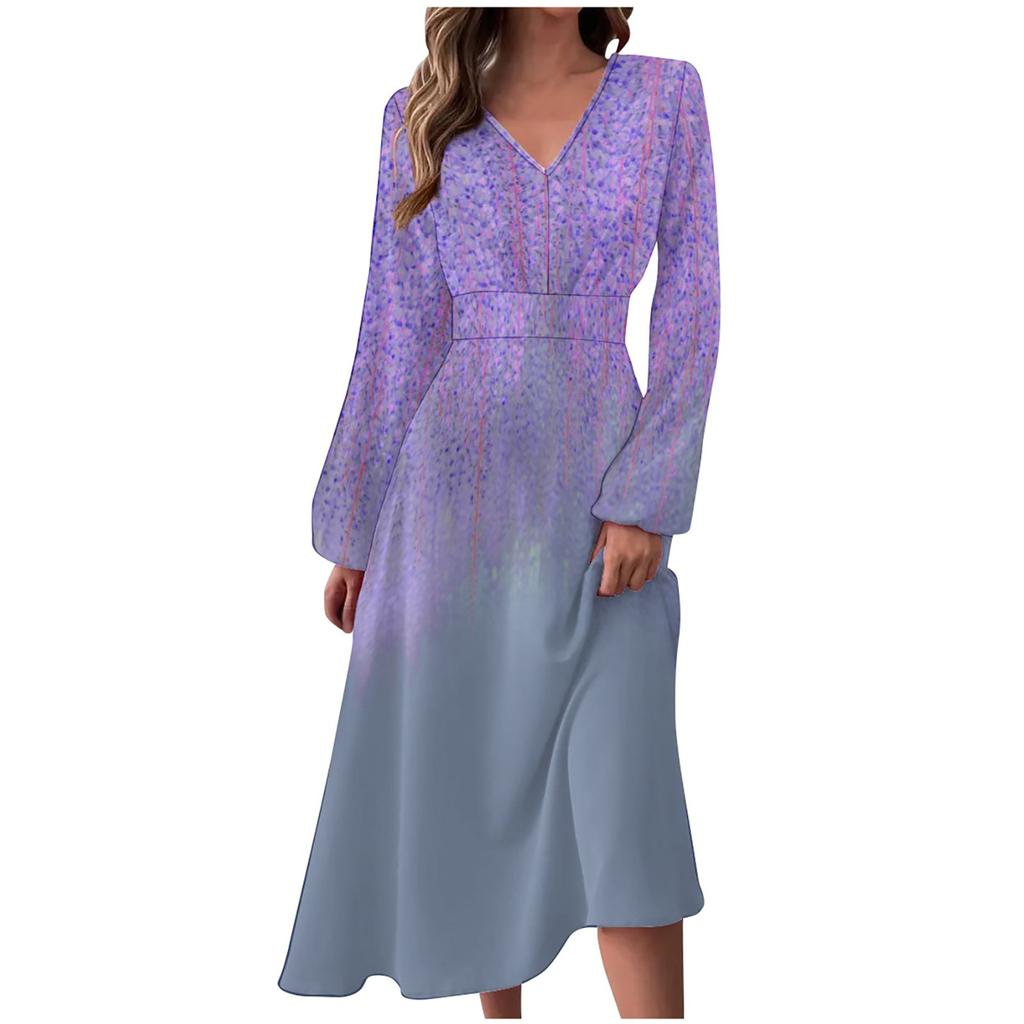 Женское осенне-зимнее повседневное модное длинное платье с v-образным вырезом и длинным рукавом с цветочным принтом