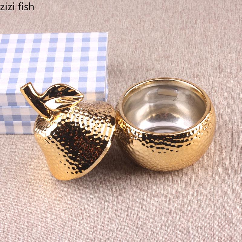 Creative Electroplating Ceramic Fruit Storage Jar Golden Pear Apple Living Room Decor Ring Necklace Storage Box Home Decoration
