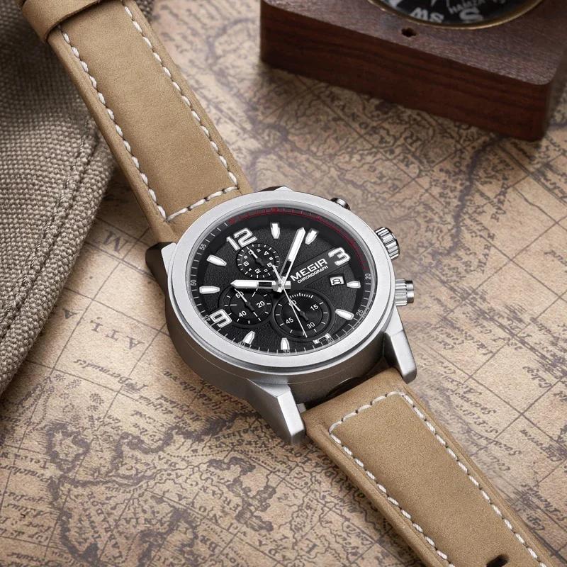 Повседневные спортивные часы-хронограф с кожаным ремешком, кварцевые наручные часы, водонепроницаемые, календарь, мужские деловые часы