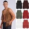 Mens Western Cowboy Vintage Faux Suede Tassel Vest Tops Open Front Rivets Fringe Waistcoat Jacket Festival Rave Party Clubwear