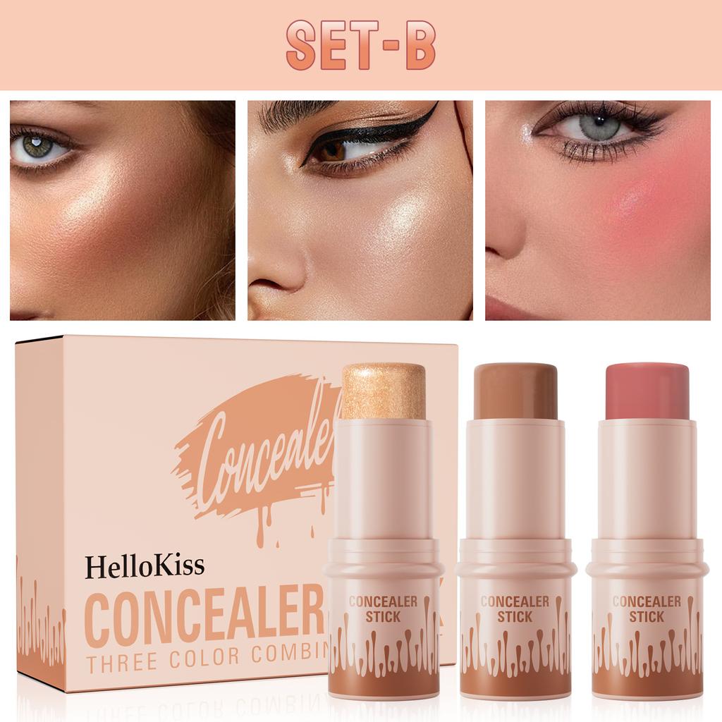 3pcs Contouring Stick Set Face Contour Stick Shadow Stick Blush Stick 3-in-1 Perfect Concealer Stick Full Coverage Breathable and Light