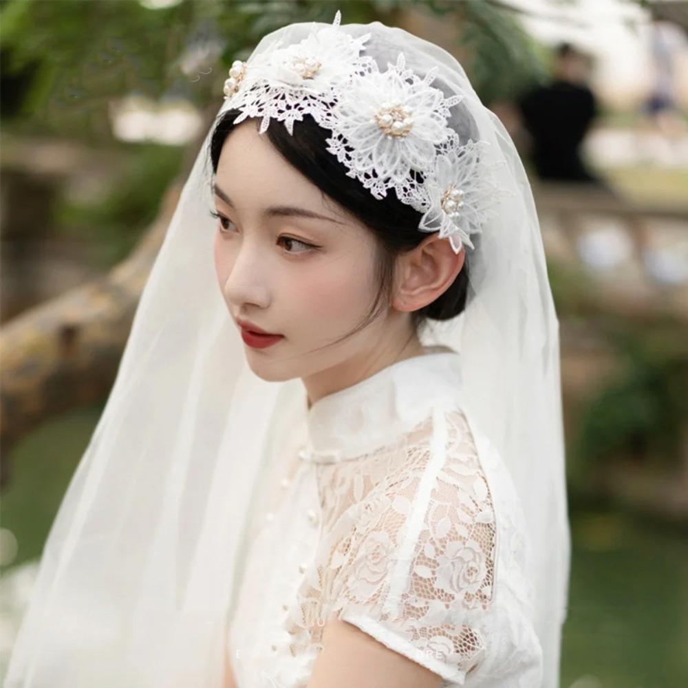 Head Covering White Bridal Veil Lace Bridal Tulle Veil Retro European Wedding Veil Wedding Photos