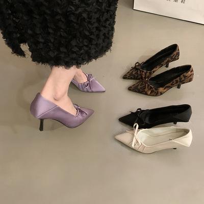 Остроносые туфли-лодочки с леопардовым принтом, женские, новые 2025, с французским темпераментом, светские, фея, бант, шпилька, высокий каблук