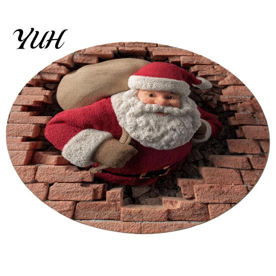 Creative Christmas Party Decor Round Area Rug, 3D Optical Illusion Floor Mat with Santa Candy Cane Winter Holiday Carpet Print, Non-Slip Stain
