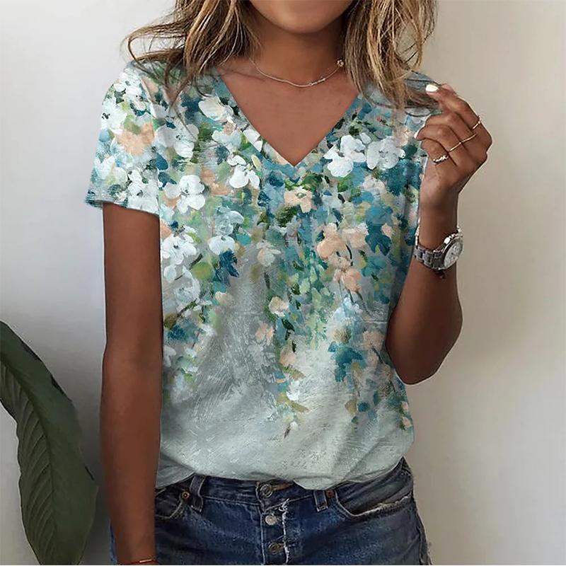 Футболка с 3D-принтом «Цветочная бабочка», женская, с V-образным вырезом, с коротким рукавом, топы Y2k, уличная одежда, футболки больших размеров в стиле Харадзюку, женская одежда