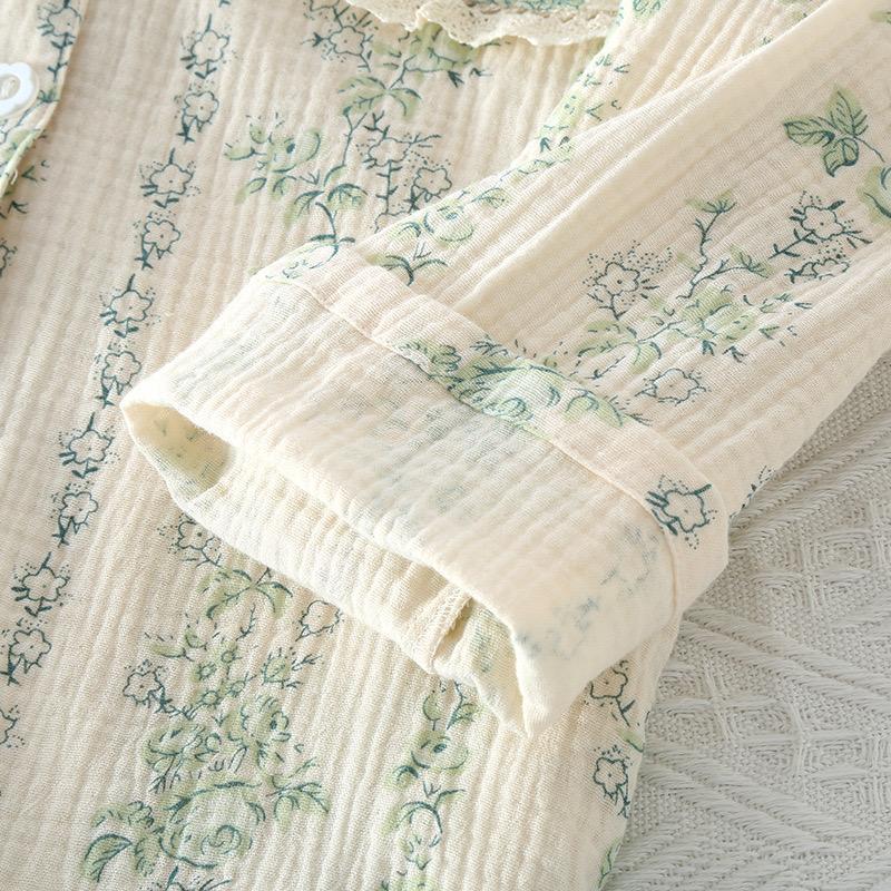 Весенняя женская пижама, летняя домашняя одежда из хлопкового крепа, длинные рукава, длинные брюки, комплект из 2 предметов, женский комплект для дома