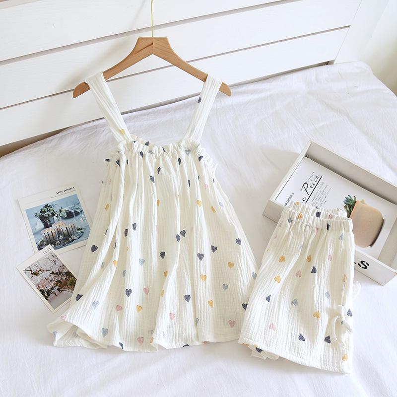 2025 Summer New Style Ladies Pajamas Two-piece 100%Cotton Crepe Suspender Shorts Vest Suit Sweet And Loose Home Service Sexy Pjs