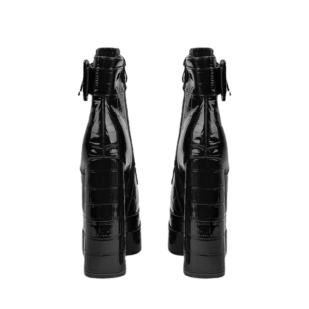 Woman Platform Boots Belt Buckle Mid Calf Boots Cool Super High Heel Boots Thick Heel Zipper Shoes