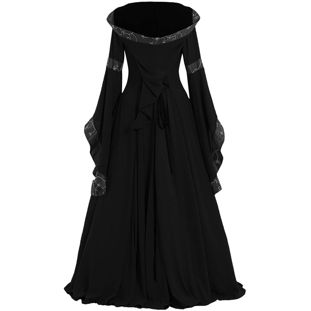 Women's Vintage Floor Length Gothic Cosplay Dress Women Fall Winter Gothic Retro Floral Print Ball Gowns Dress