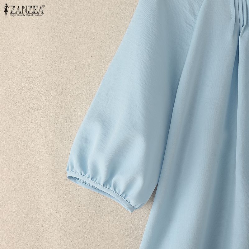 ZANZEA Женская повседневная свободная однотонная блузка с круглым вырезом и коротким рукавом