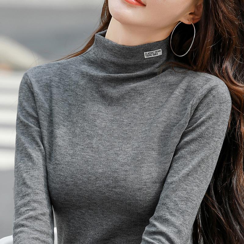 Cotton Harajuku Autumn Winter Turtleneck T Shirt Letter Print Full Sleeve Tops Fashion Casual Elegant Elastic Tees