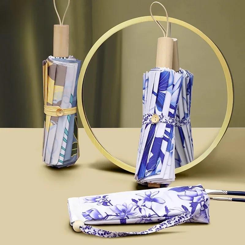 New 16-Rib Windproof Umbrella UPF50+ Sun & Rain Protection, Chinoiserie Series Design with Handcrafted Wood Handle & Flor