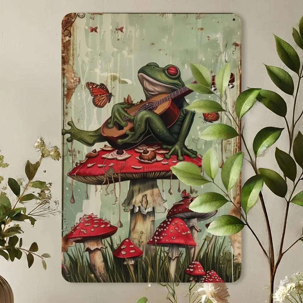 Винтажная жестяная табличка «Лягушка-гитарист», Ретро металлический настенный декор для гаража, мужской пещеры, музыкального бара, искусство