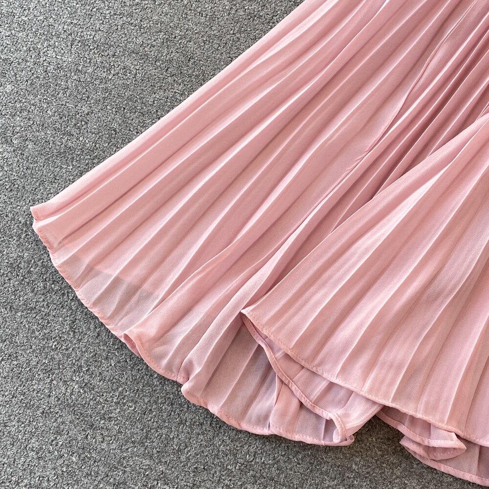 Весеннее корейское шикарное легкое зрелое стильное плиссированное платье с воротником-стойкой и высокой талией на шнуровке на талии Элегантное большое свободное платье