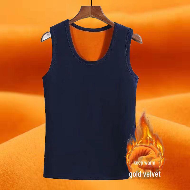 Мужской теплый жилет из золотистого бархата - плюс бархат, утолщенный, однотонный, круглая горловина, облегающая нижняя рубашка