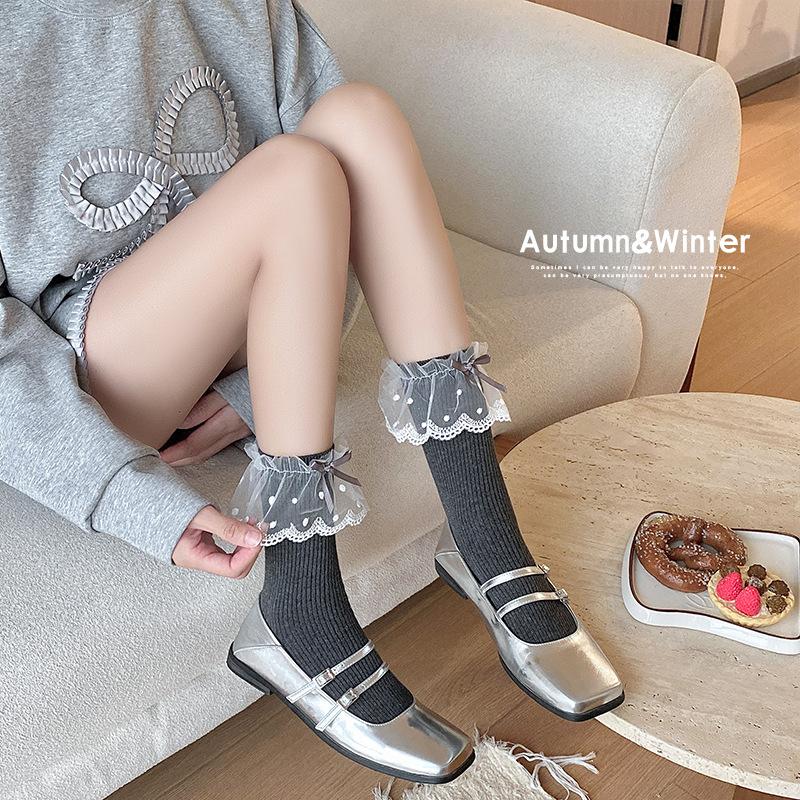 Девичьи весенне-осенние носки с кружевными бантами, девичьи гольфы до середины икры в стиле Лолиты, осенне-зимние студенческие носки в балетном стиле