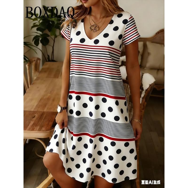 Women's Fashion Short Sleeve Dress Summer Women's Dresses Loose Plus Size Casual V-Neck Striped Polka Dot Print Ladies Clothing