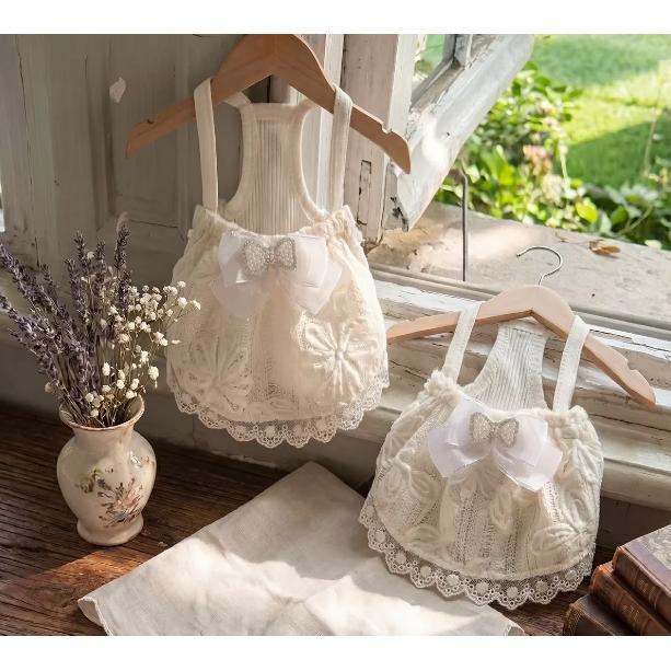 White Lace Pet Cami Dress Pearl Bow Rhinestone Decor Summer Sleeveless Skirt for Small Dogs Maltese Yorkshire