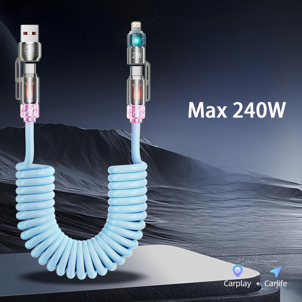 4 в 1 PD 240 Вт Быстрая зарядка Пружинный кабель USB Type C на Type C L и Кабель для передачи данных Для iPhone 15 16 Samsung Xiaomi