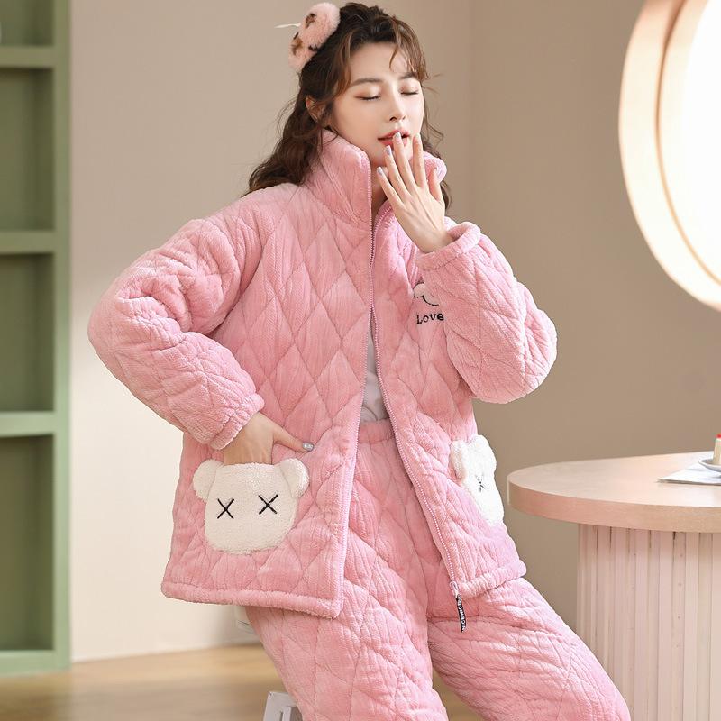 Коралловая бархатная трехслойная стеганая куртка и пижама для женщин Зимний фланелевой домашний костюм с очень толстой теплой молнией и бархатом