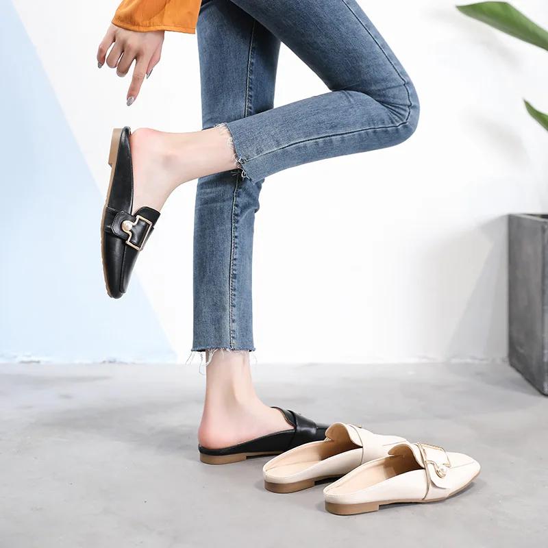 Новые женские тапочки повседневная обувь модные женские кожаные мокасины без каблука туфли без застежек летние уличные легкие женские прогулочные туфли