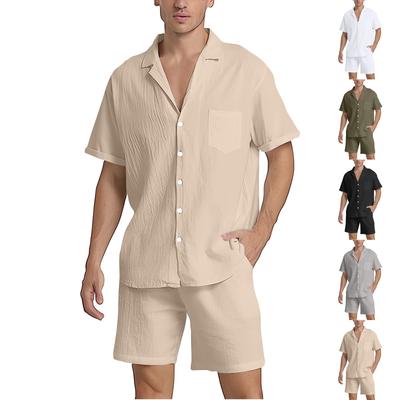 Мужской свободный повседневный комплект из хлопка и льна с лацканами, летний повседневный удобный топ с короткими рукавами и шорты