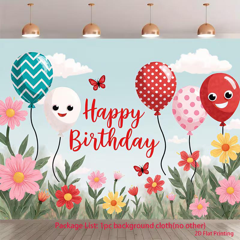 2D Kids Birthday Backdrop with Smiling Balloons, Flowers and Butterflies