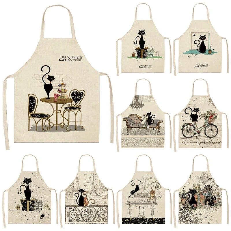 Home Kitchen Black and White Cat Letter Apron Women's Linen Cleaning Tool Apron Home Cooking Waist Baking Apron