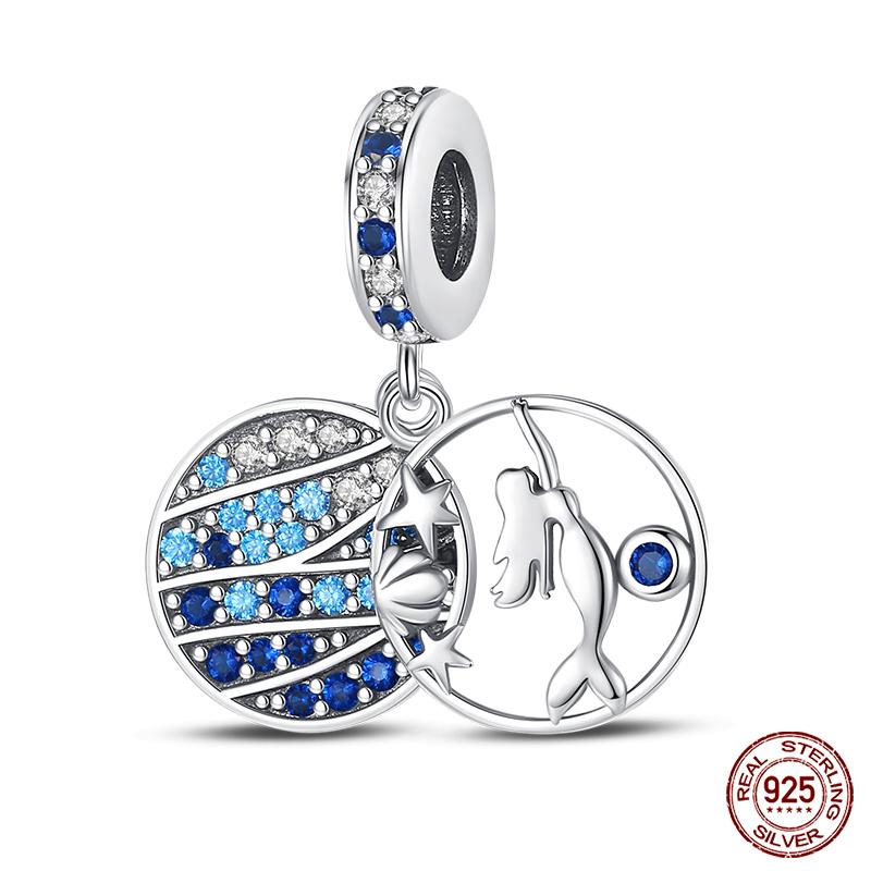 100% настоящие посеребренные бусины серии Ocean, черепаха, краб, русалка, подходят оригинальные браслеты «сделай сам», ювелирные изделия, подарки