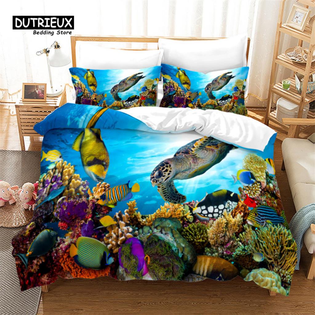 Fish Sea Turtle Duvet Cover Jellyfish Seashell Starfish Bedding Set Microfiber Marine Theme Quilt Cover Twin Full For Kids Adult