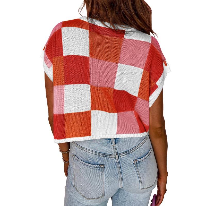 Вязаный клетчатый свитер с круглым вырезом и короткими рукавами, женский короткий топ с высокой талией и открытым пупком, повседневный трикотаж