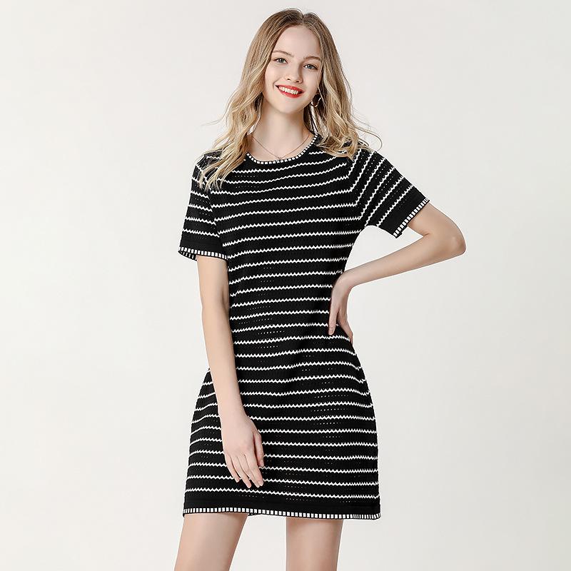 Spring/Summer Knitted A-line Dress: Breathable Striped Cutout Design for Everyday Wear