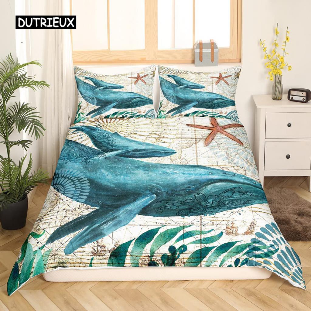 Пододеяльник с бирюзовым узором King Queen Ocean Spanish Mackerel Пододеяльник с изображением морского подводного мира Морская жизнь Комплект постельного белья из полиэстера