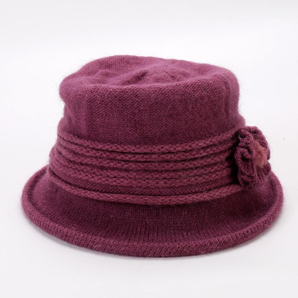 Women's Knitted Women's Rabbit Proof Wool Pot Hat Autumn Winter Thickened Warm Keeping Mother's Hat Flower