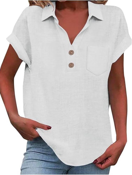 Европейская женская хлопково-льняная рубашка с коротким рукавом, отложным воротником и пуговицами