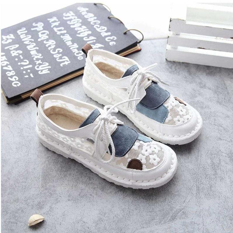 Ретро фея вышитые кружевные сетчатые сандалии женские с круглым носком весенне-летние туфли на плоской подошве с полой сеткой