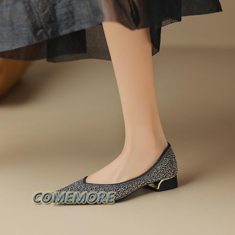 Rimocy, пикантные женские туфли-лодочки с блестками, новинка 2024 года, обувь для свадебной вечеринки на низком каблуке с острым носком, женские блестящие туфли без шнуровки для невесты
