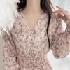 Aesthetic Flower Printing Dress Vintage V-neck Collar Dress Bohemian Chiffon Dress  Formal Occasion