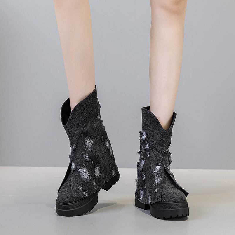 Thick Soled Boots Women Spring and Autumn 2025 New Denim Women's Boots Low Rise Casual Increase Height Shoes Female Mid-Calf