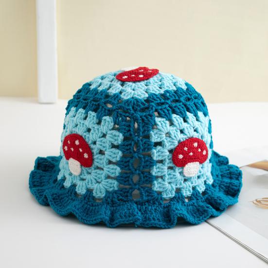 Мультяшная шерстяная шапка с аппликацией в виде вишневого гриба, вязаная шапка, полая, конфетного цвета, детский головной убор, ведро