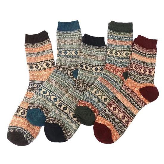 1/5 пары мужских зимних носков средней длины с теплоизоляцией в этническом стиле для дома и спальни, носки-тапочки с цветными блоками, противоскользящие, вязаные, повседневные