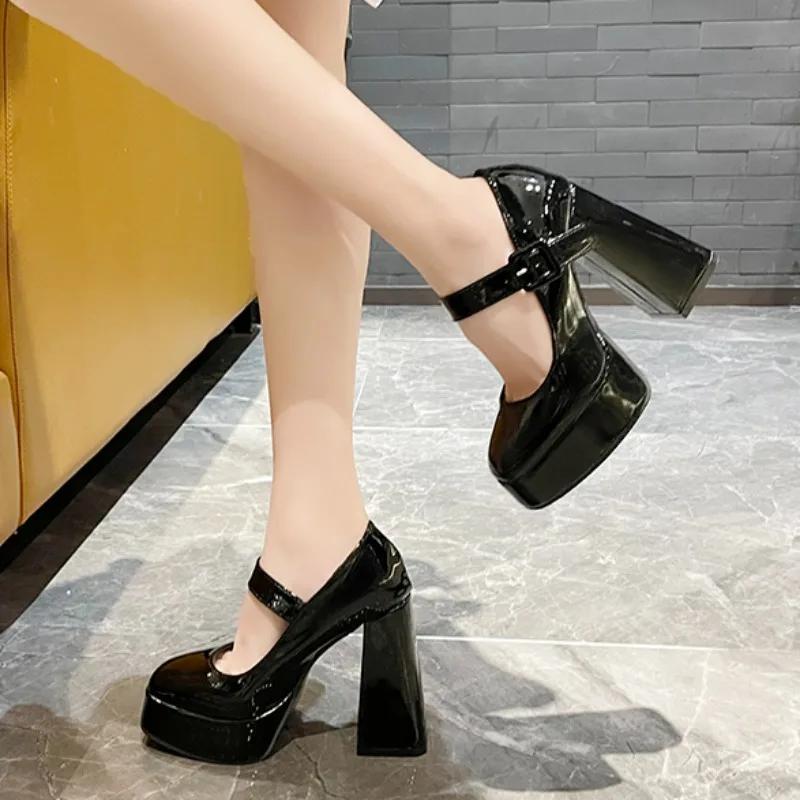 Женские туфли на высоком каблуке, лето 2024 г., элегантные однотонные туфли из искусственной кожи с квадратным носком для вечеринки, на толстой подошве, на толстом каблуке, женские туфли Мэри Джейн