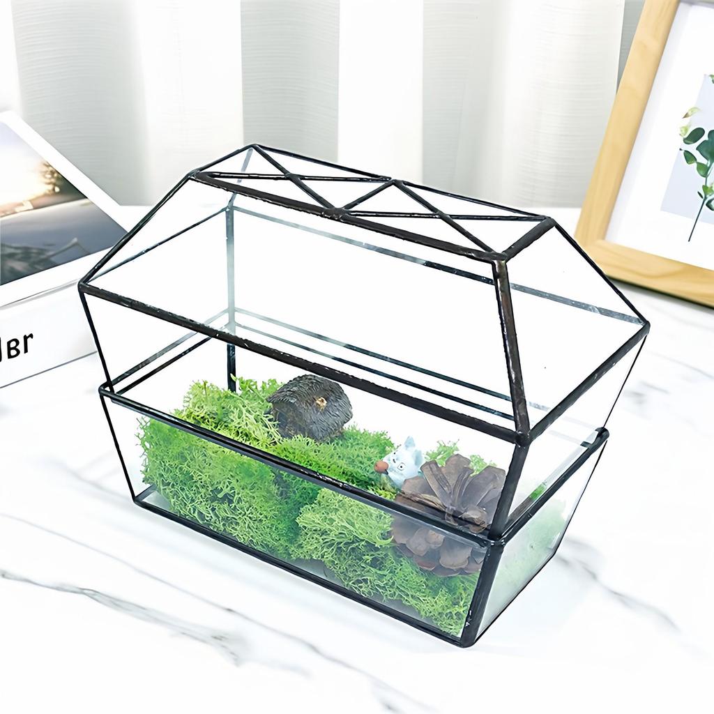 Geometric Glass Greenhouse: Preserved Flower & Moss Succulent Display for Home & Restaurant Decor