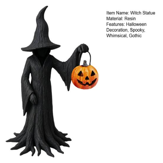 Halloween Witch Statue Gothic Enchanting Witch Figurine with Pumpkin Resin Tabletop Ornament for Haunted House Home Decor