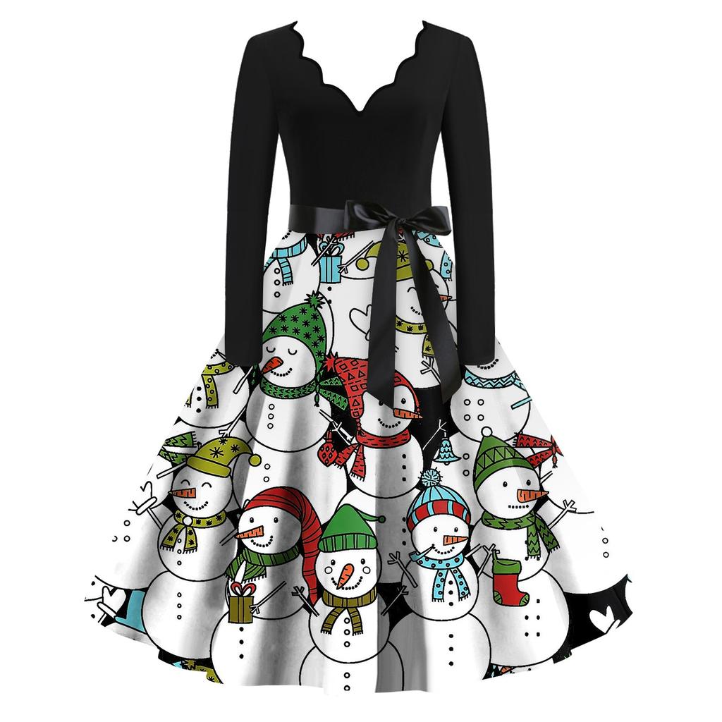 Women's Casual Fashion V-neck Long Sleeved Retro Christmas Print Retro Dress Autumn