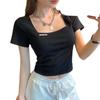 Vintage French square collar short high-waisted open-button short-sleeved t-shirt women's slim-fit summer bottoming shirt  tide