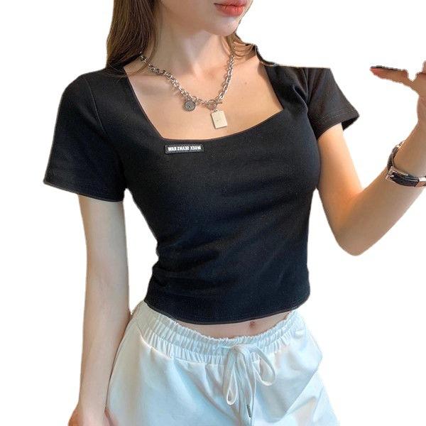 Vintage French square collar short high-waisted open-button short-sleeved t-shirt women's slim-fit summer bottoming shirt tide